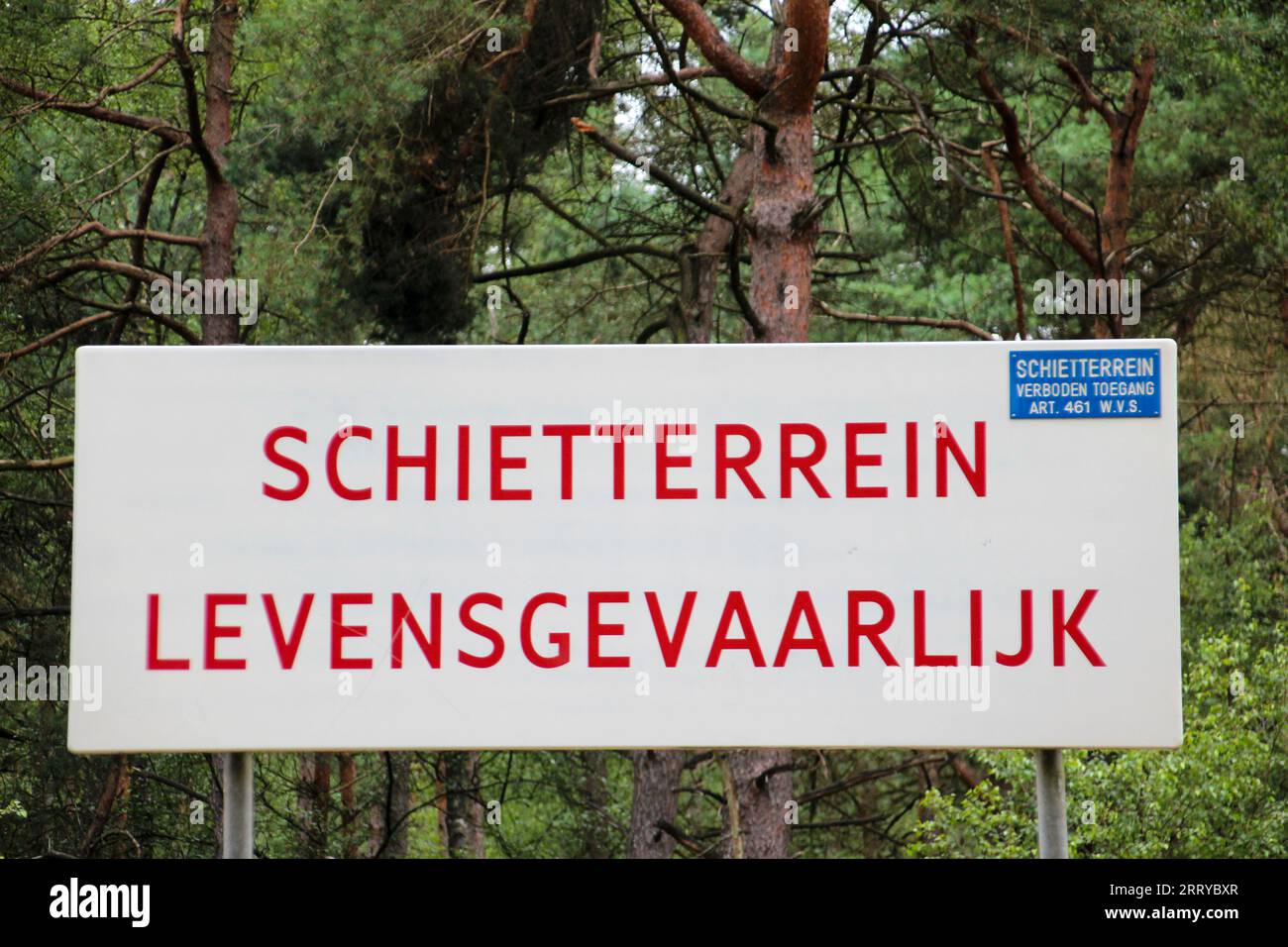 Warning sign for shooting range at militairy zone on the veluwe in the