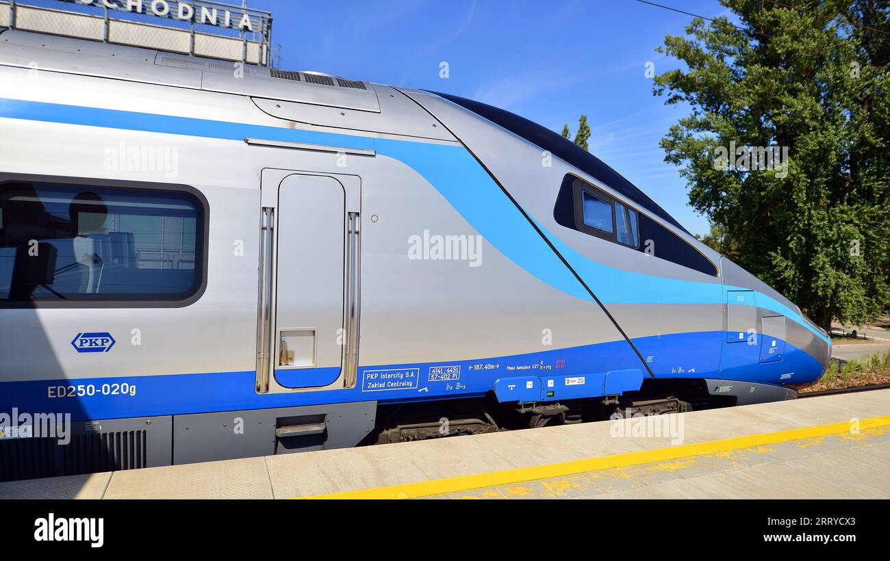 Warsaw, Poland. 5 September 2023. PKP Intercity Polish train sleeping car at station platform awaiting departure in late afternoon. PKP intercity Stock Photo