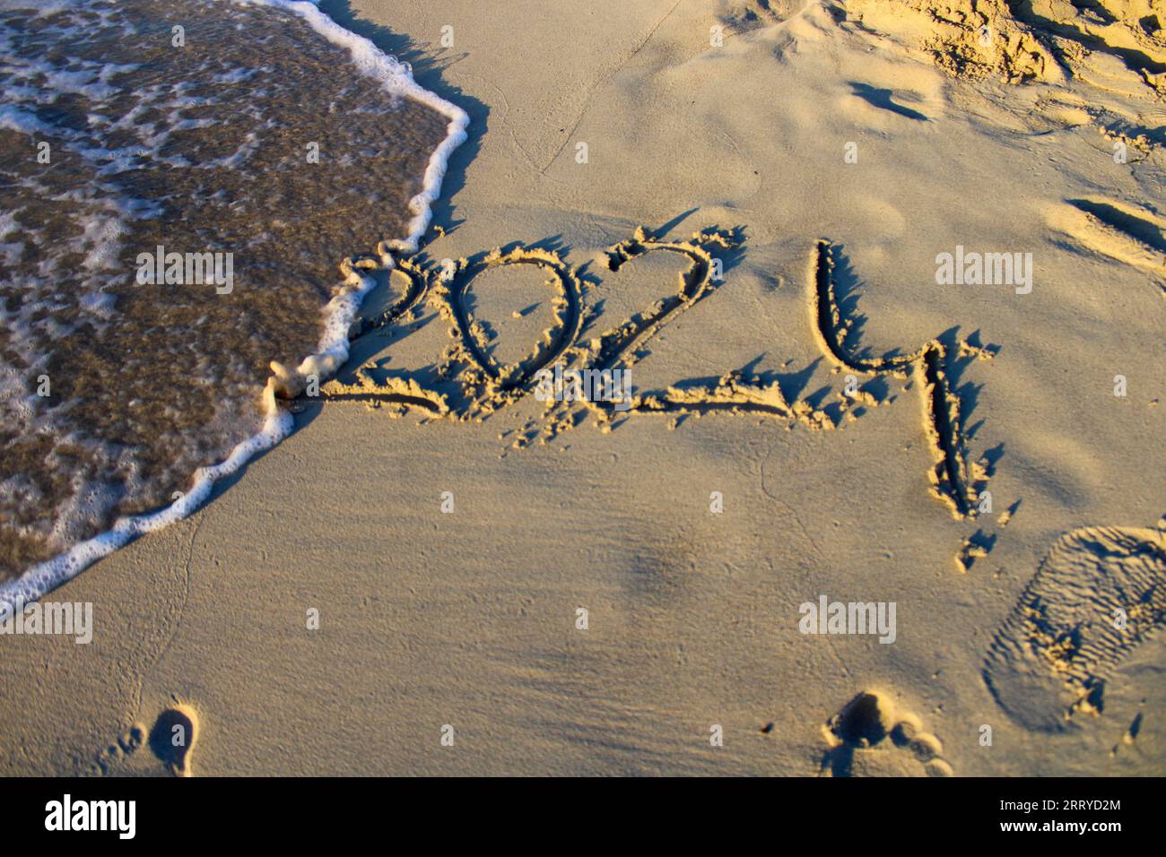 The Number 2024 Written In The Sand On The Beach New Year 2024 Concept   The Number 2024 Written In The Sand On The Beach New Year 2024 Concept With Text On Sun Rising Sky Creative Concept 2RRYD2M 