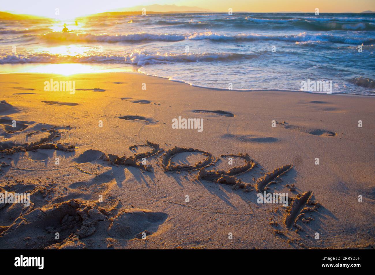 The Number 2024 Written In The Sand On The Beach New Year 2024 Concept   The Number 2024 Written In The Sand On The Beach New Year 2024 Concept With Text On Sun Rising Sky Creative Concept 2RRYD5H 