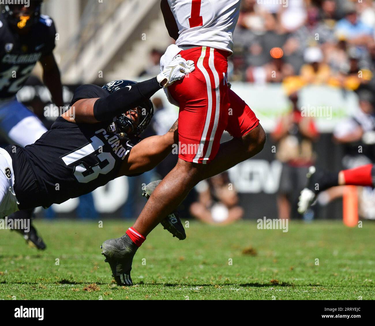 USA. 09th Sep, 2023. September 09, 2023: Colorado Buffaloes defensive end  Sav'ell Smalls (13) lays out to make a tackle of Nebraska Cornhuskers  quarterback Jeff Sims (7) in the football game between