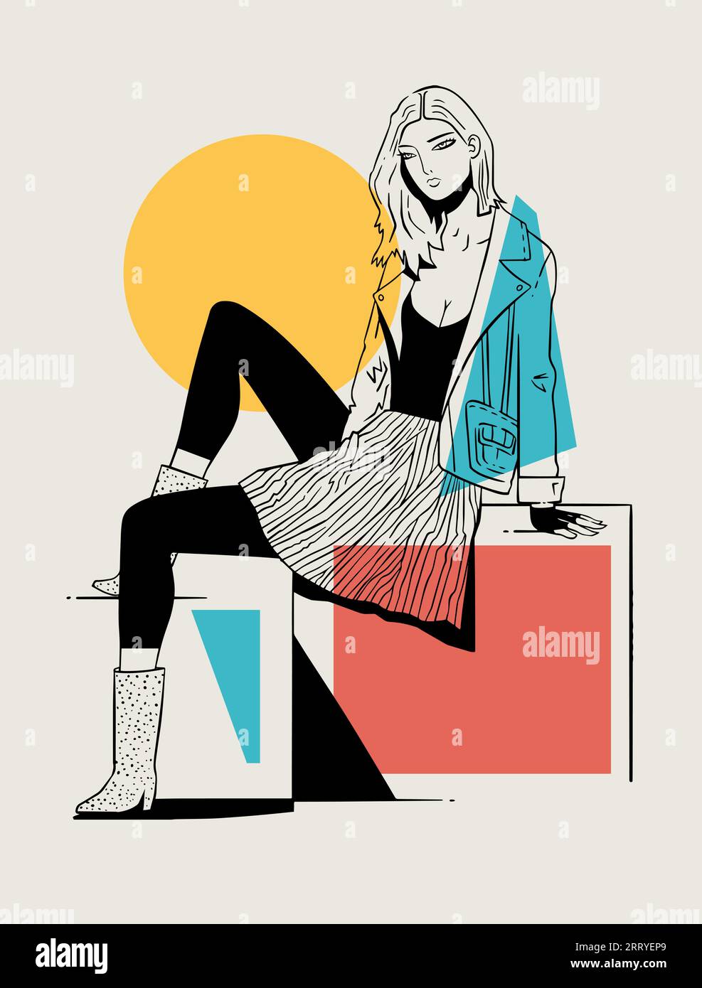 Woman Sitting in Jean Jacket on Geometric Shape, Minimalist Style Fashion Illustration Stock Vector
