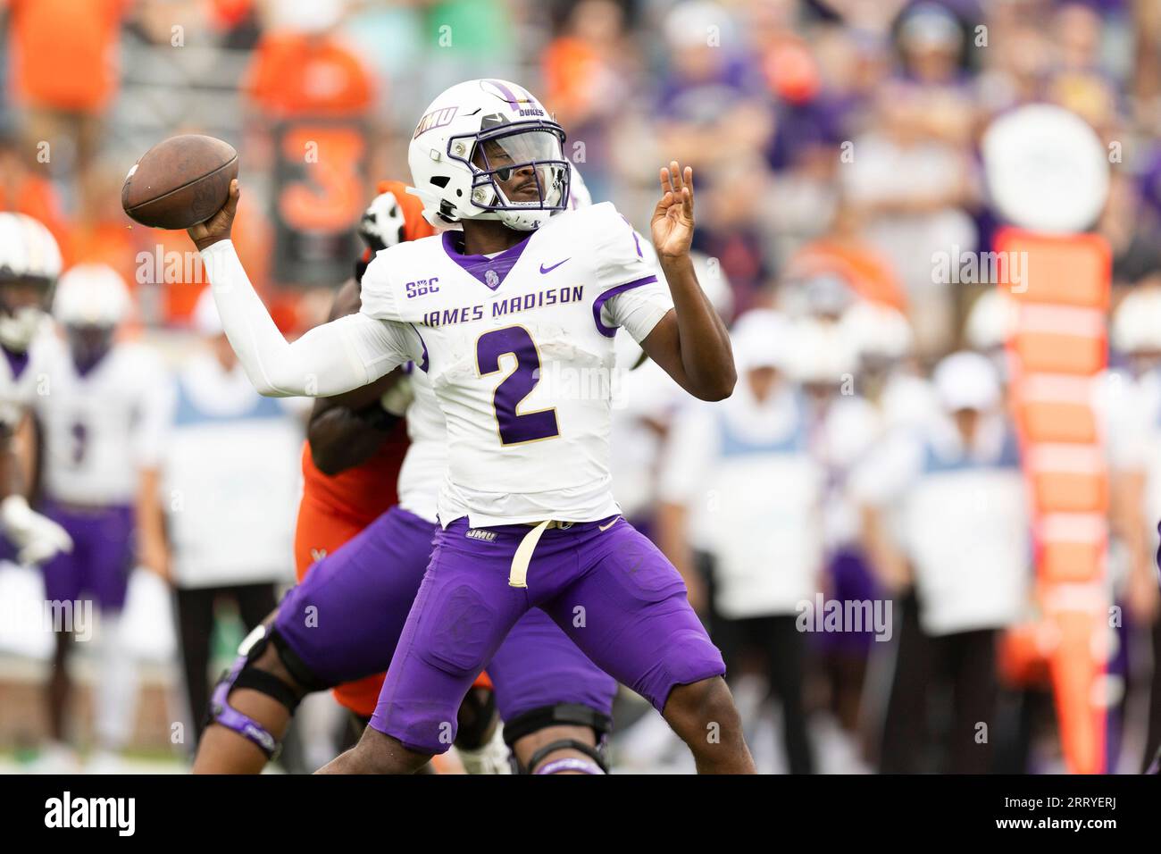 James Madison quarterback Jordan McCloud looks to make a pass during an