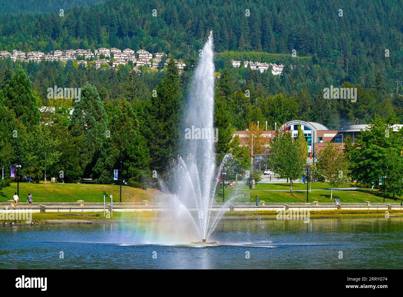 Fountain, Lafarge Lake, Town Centre Park, Coquitlam, British Columbia, Canada. Stock Photo