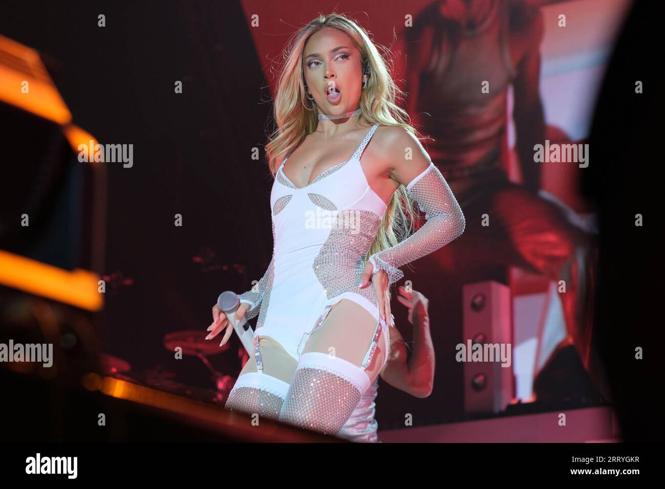 The singer Ana Mena performs during the Bellodrama Tour concert at the Wizcenter in Madrid September 9, 2023 Spain Stock Photo