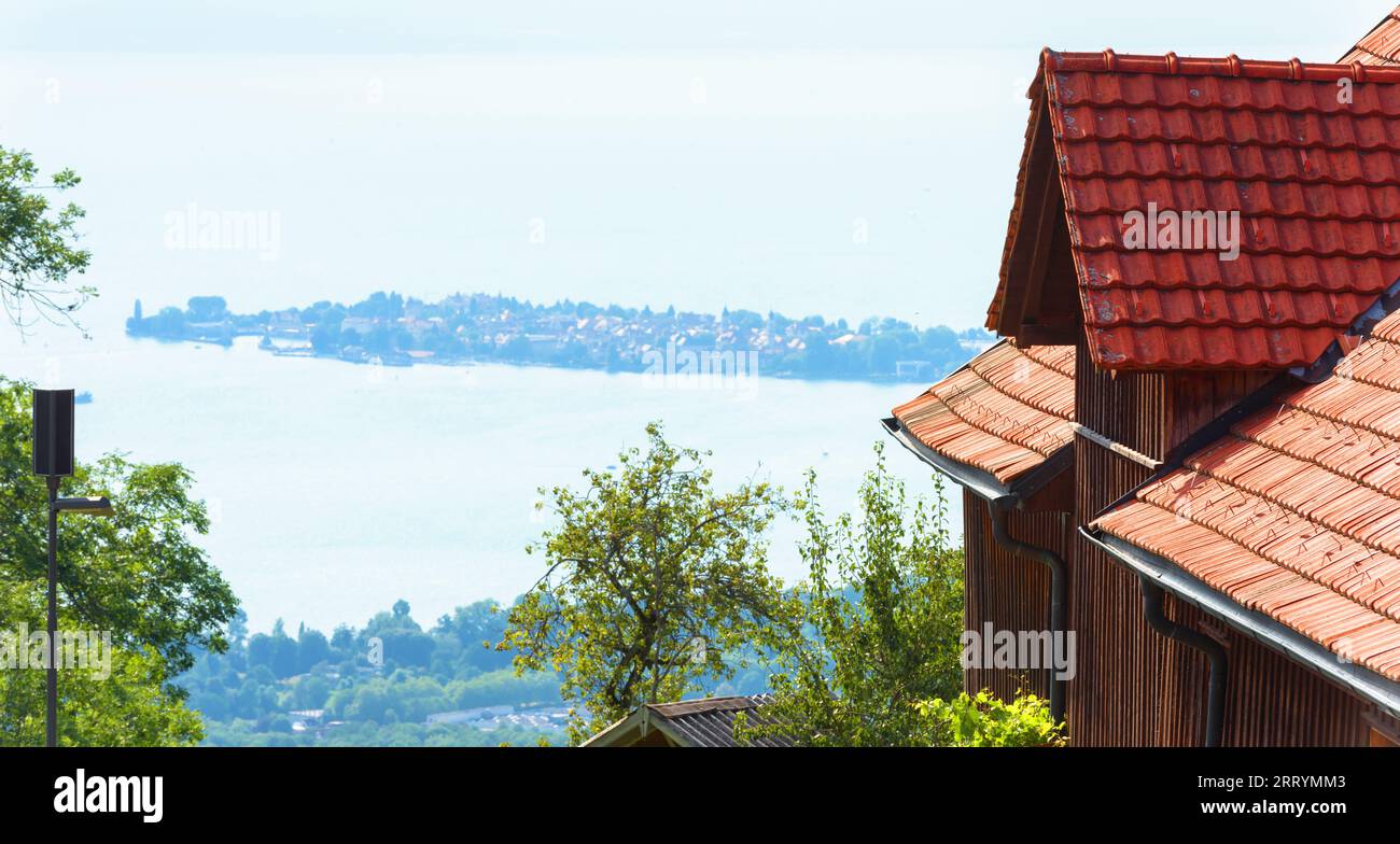 House on background of Lindau island in Lake Constance, Germany, Europe