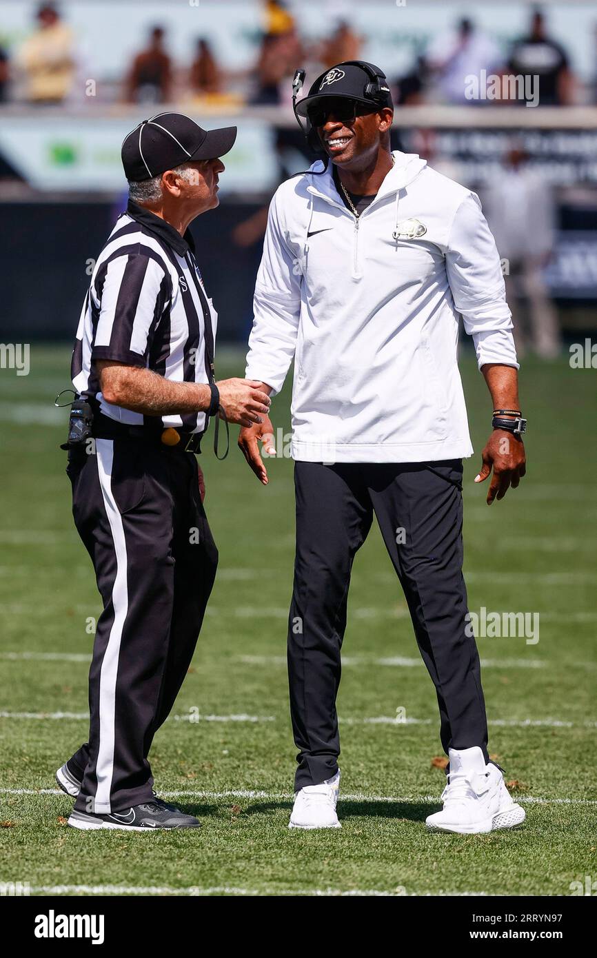 Boulder, CO, USA. 09th Sep, 2023. Colorado Buffaloes head coach Deion Sanders converses with a referee in the football game between Colorado and Nebraska in Boulder, CO. Derek Regensburger/CSM/Alamy Live News Stock Photo