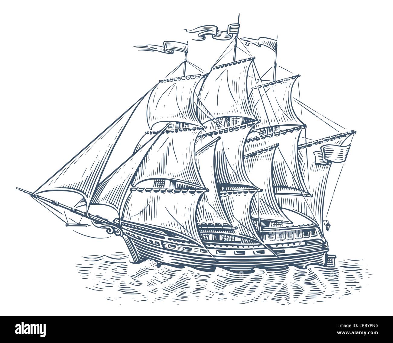 Sailboat sails on the sea waves in vintage engraving style. Sailing ship sketch illustration Stock Photo