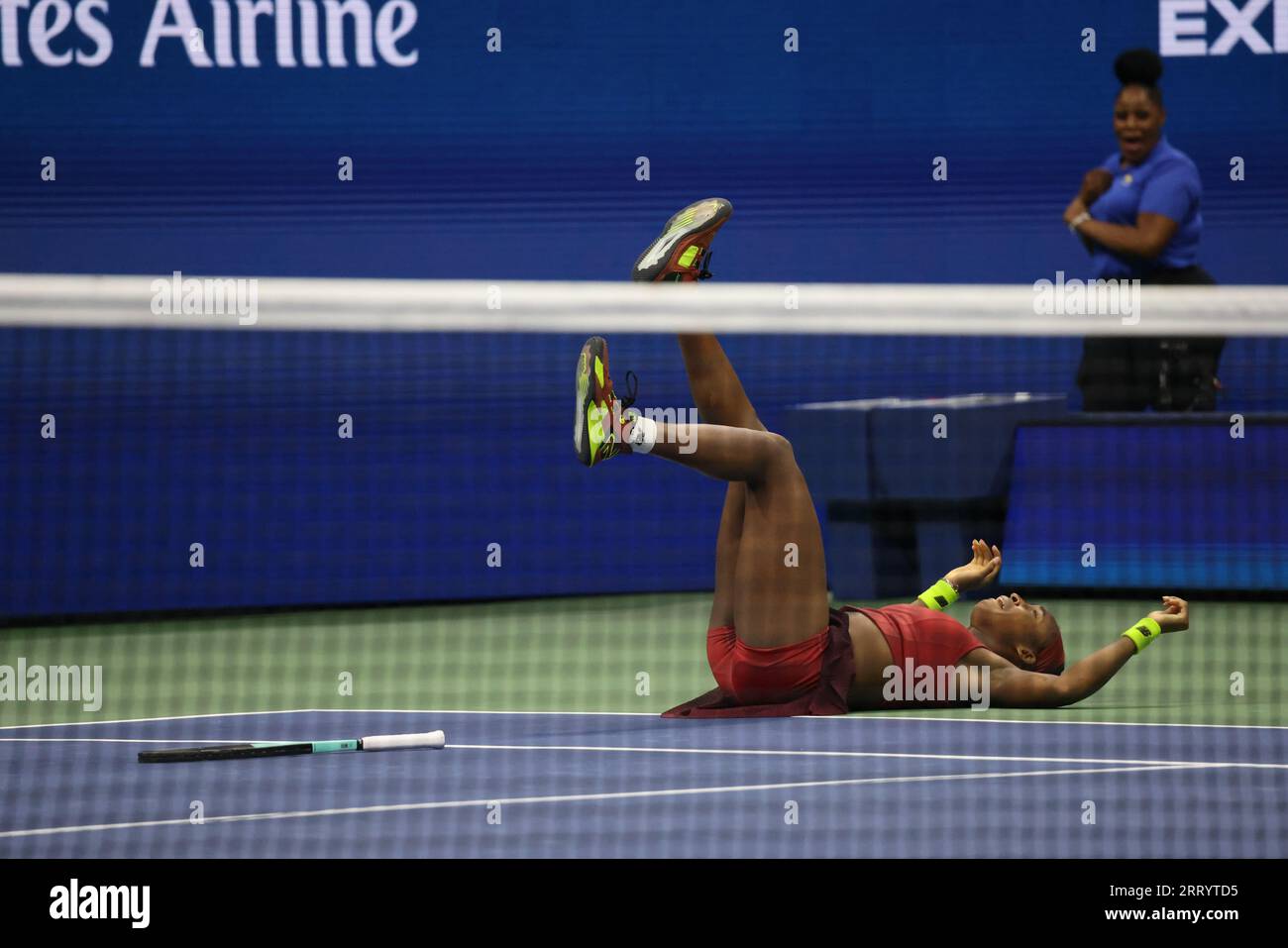 New York, United States. 09th Sep, 2023. Coco Gauff drops to the ground in disbelief after defeating Aryna Sabalenka in the women's final to claim the US Open women's title and her first grand slam victory. Credit: Adam Stoltman/Alamy Live News Stock Photo