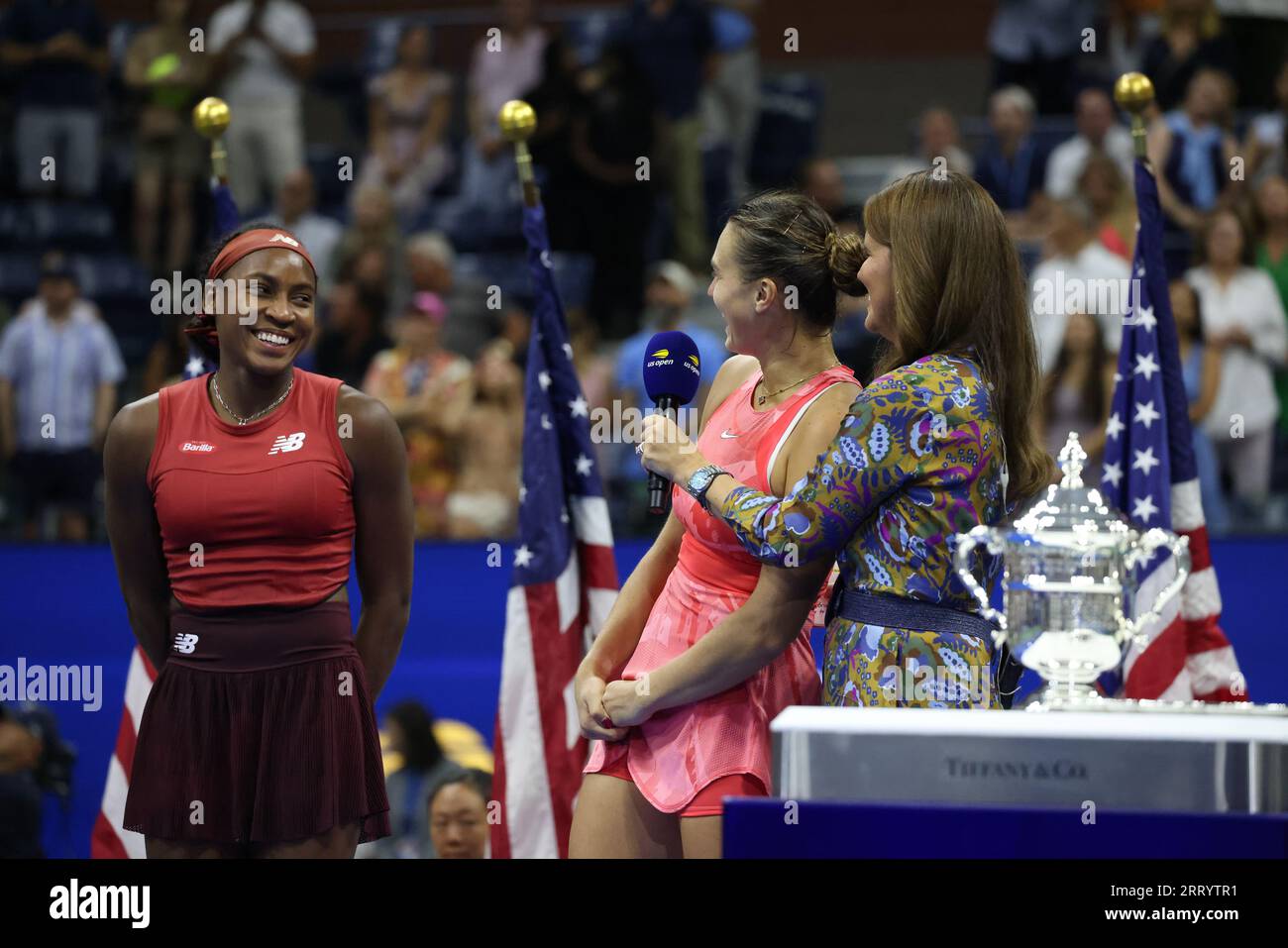New York, United States. 09th Sep, 2023. Coco Gauff during US Open awards ceremony after defeating Ayrna Sabalenka in the women's final to claim the US Open title and her first grand slam victory. Credit: Adam Stoltman/Alamy Live News Stock Photo