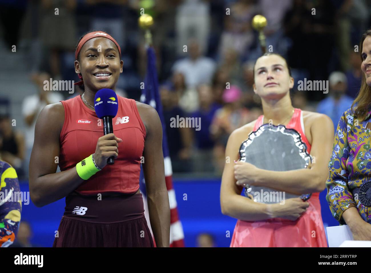 New York, United States. 09th Sep, 2023. Coco Gauff during US Open awards ceremony after defeating Ayrna Sabalenka in the women's final to claim the US Open title and her first grand slam victory. Credit: Adam Stoltman/Alamy Live News Stock Photo