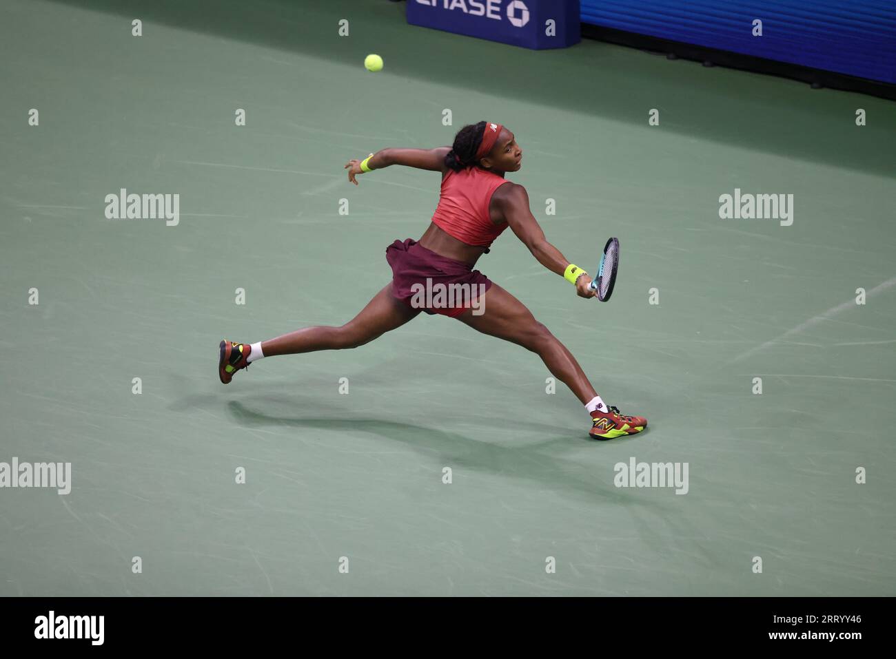 New York, United States. 09th Sep, 2023. Coco Gauff on her way to defeating Ayrna Sabalenka in the women's final to claim the US Open title and her first grand slam victory. Credit: Adam Stoltman/Alamy Live News Stock Photo