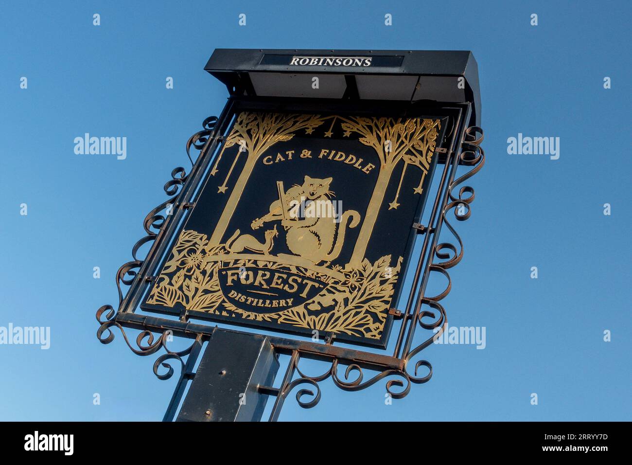 Cat and Fiddle,Distillery,sign,PeakDistrict,Derbyshire,England Stock Photo