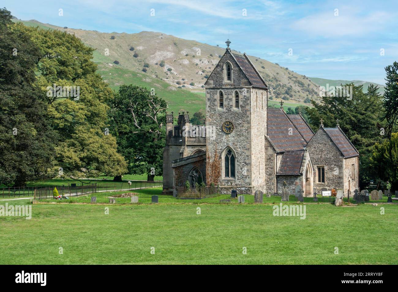 Church,of the,Holy Cross,Ilam Park,Staffordshire,the tomb of a hermit and king, St Betram. (Ashbourne, the 'post town', is in Derbyshire and thus so i Stock Photo