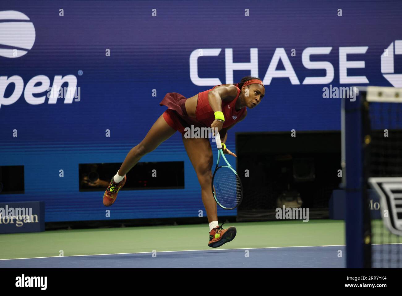New York, United States. 09th Sep, 2023. Coco Gauff on her way to defeating Ayrna Sabalenka in the women's final to claim the US Open title and her first grand slam victory. Credit: Adam Stoltman/Alamy Live News Stock Photo