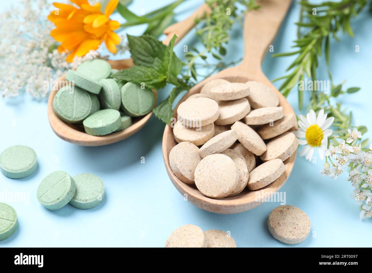 Different pills, herbs and flowers on light blue background, closeup ...