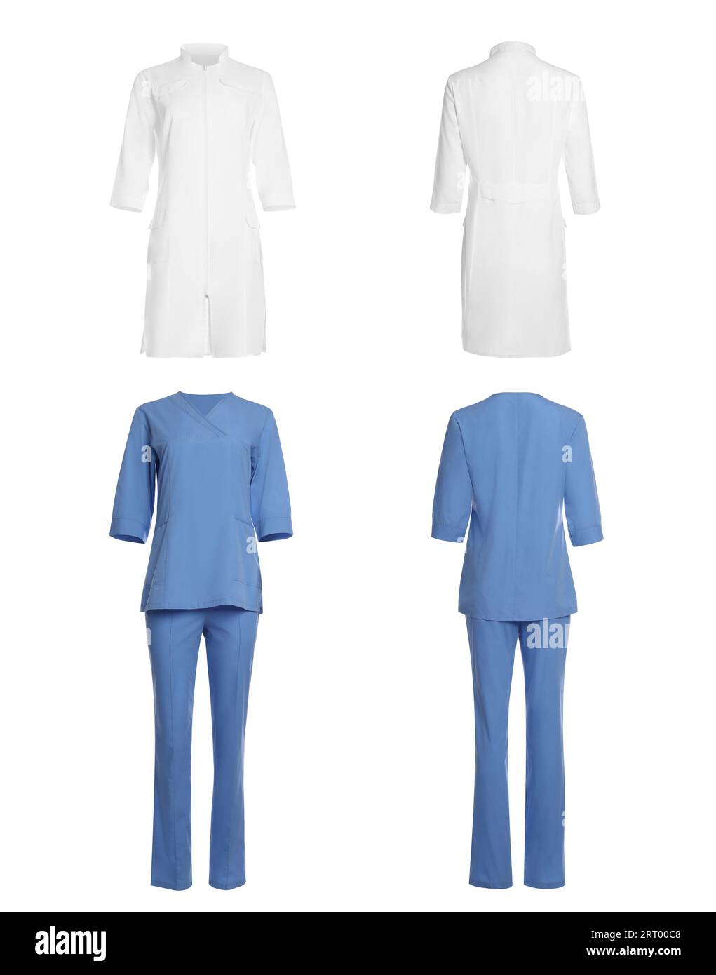 Blue medical uniform and coat isolated on white, collage with back and front views Stock Photo
