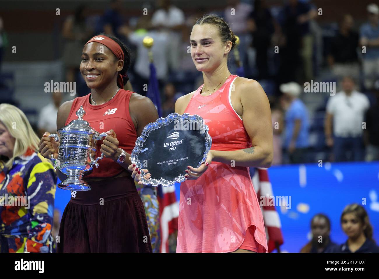 New York, United States. 09th Sep, 2023. Coco Gauff with the US Open trophy after defeating Ayrna Sabalenka, with runner up plate here, in the women's final to claim the US Open title and her first grand slam victory. Credit: Adam Stoltman/Alamy Live News Stock Photo