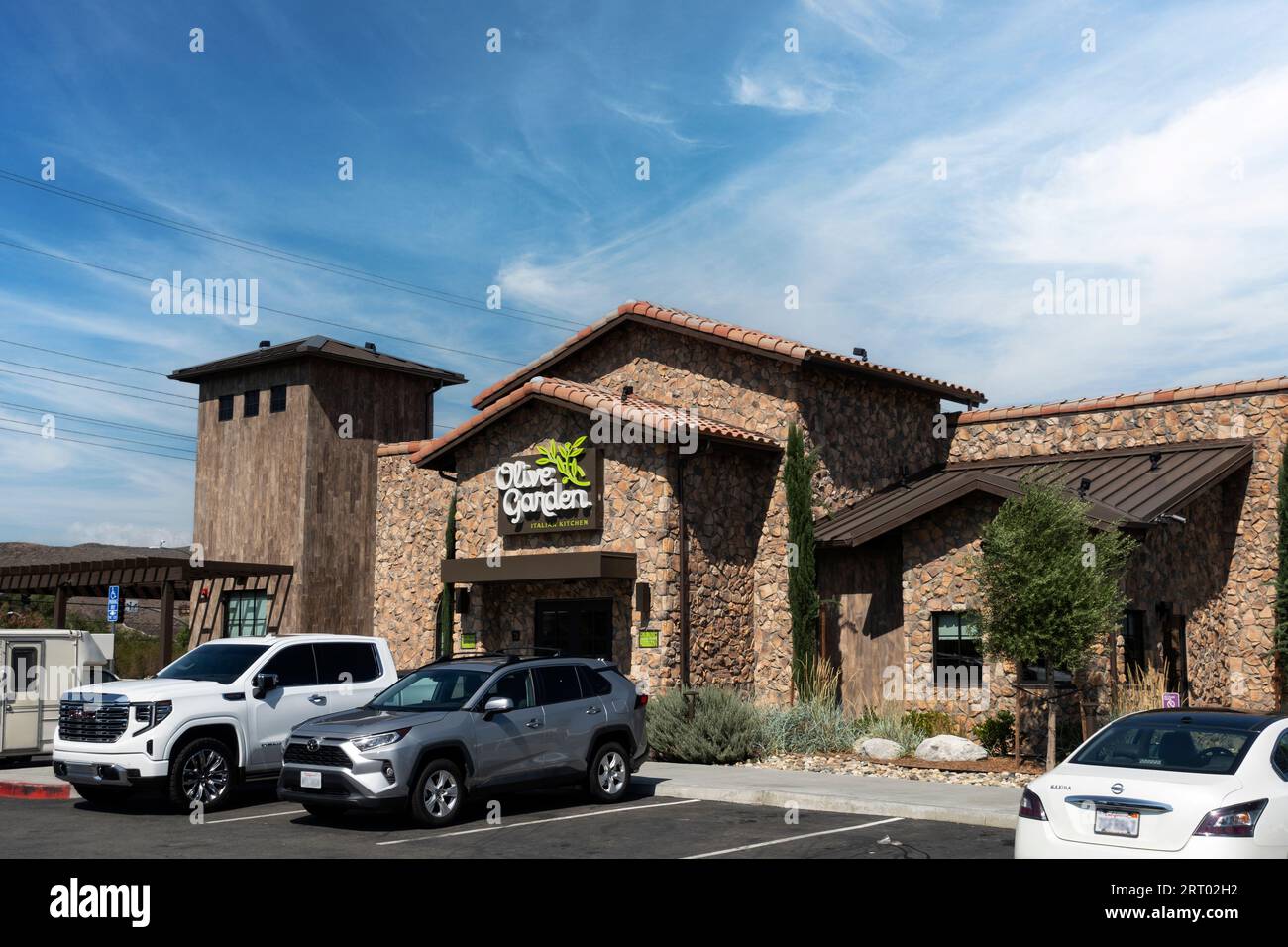 Menifee, CA, USA - August 24, 2023: Front of an Olive Garden restaurant in Menifee, Calfiornia Stock Photo