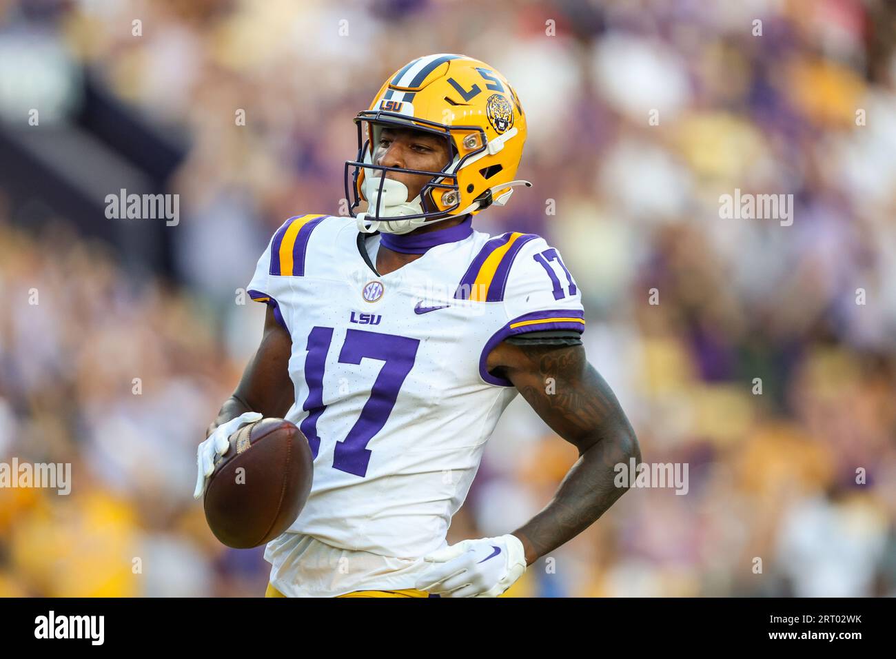 September 09, 2023 LSU receiver Chris Hilton Jr. (17) brings in a long touchdown pass during