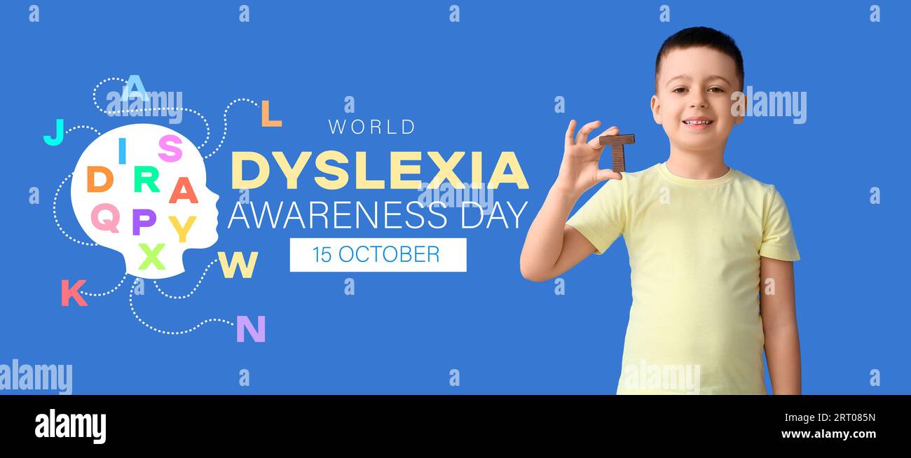 Little boy with letter and text WORLD DYSLEXIA AWARENESS DAY on blue