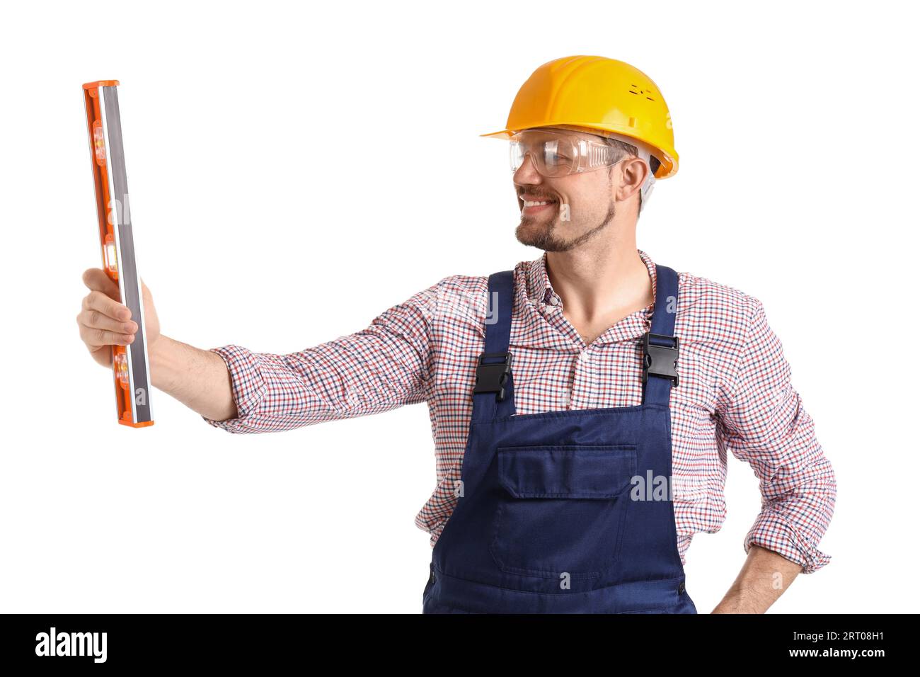 Builder Using Level Male builder with level on white background Stock Photo - Alamy