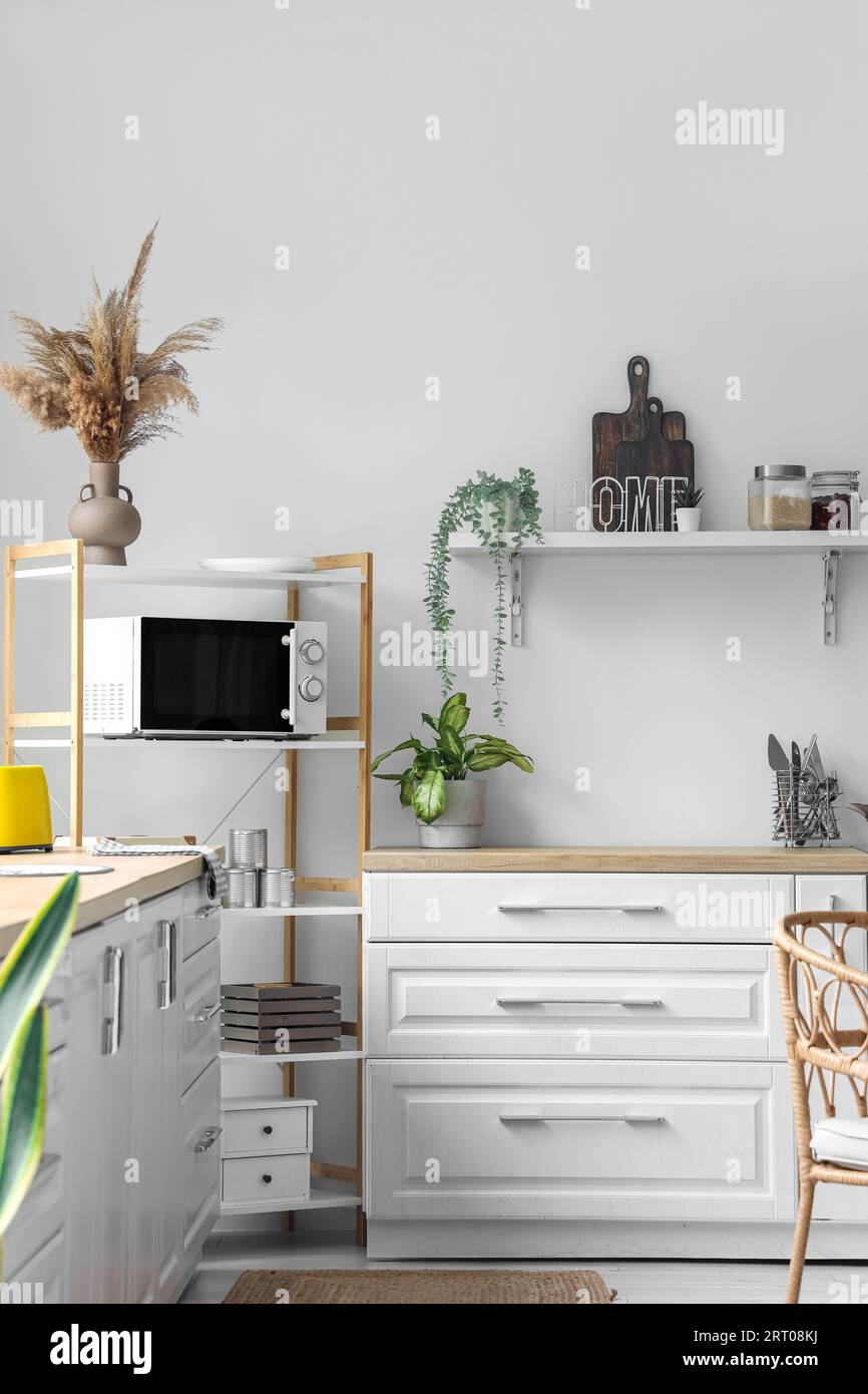 Interior of modern kitchen with white counters and microwave oven on ...