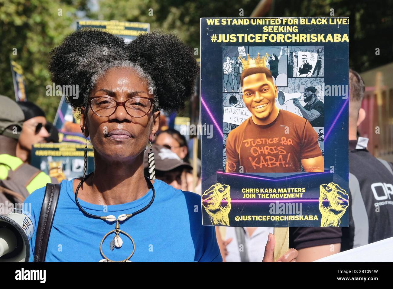 London, UK. 9th September, 2023. Political activist, Marcia Rigg who is the sister of Sean Rigg, a black man who died in police custody. Chris Kaba's family and friends were joined by activists to march on the one-year anniversary of his death after he was fatally shot by an armed Metropolitan police officer, following a pursuit in an unmarked police vehicle in south London.  His family seek accountability for the police officer's actions and a charging decision by the Crown Prosecution System (CPS), frustrated by the delays. Credit: Eleventh Hour Photography/Alamy Live News Stock Photo