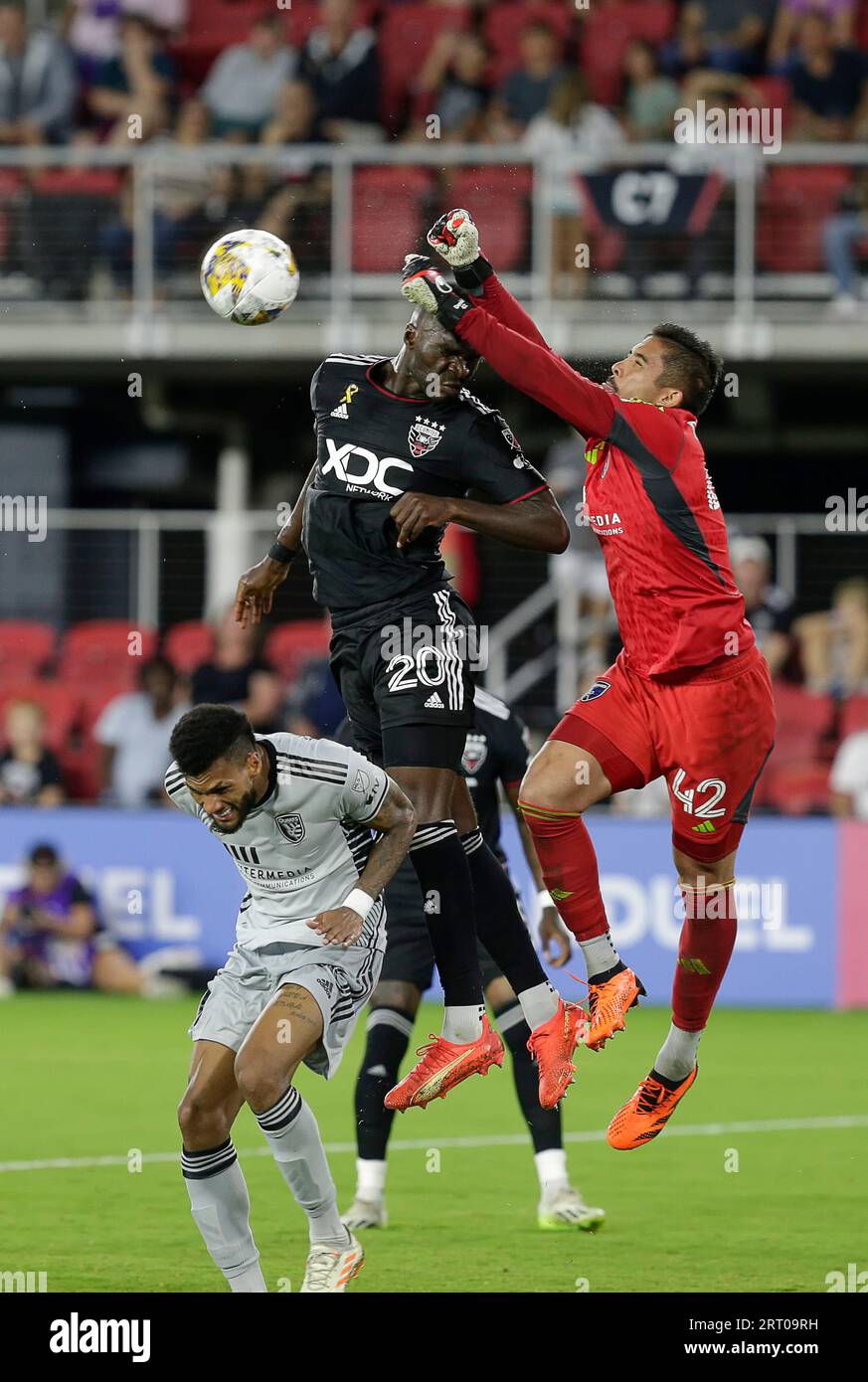 Washington DC, USA. September 9, 2023: D.C. United Forward (20) Christian Benteke and San Jose Earthquakes Goalkeeper (42) Daniel collide near the goal during an MLS soccer match between the D.C. United and the San Jose Earthquakes at Audi Field in Washington DC. Justin Cooper/CSM (Credit Image: © Justin Cooper/Cal Sport Media) Credit: Cal Sport Media/Alamy Live News Stock Photo