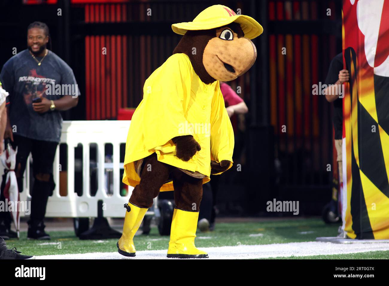 Maryland Terrapins mascot 'Testudo' pictured in a rain coat before an NCAA  football game against the Charlotte 49ers on Saturday, Sept. 9, 2023, in  College Park, Md. (AP Photo/Daniel Kucin Jr Stock