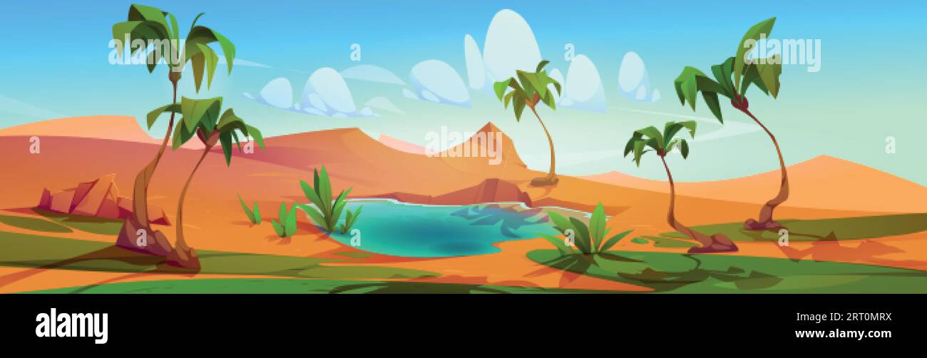 Oasis with palm trees and lake in desert. Summer landscape with sand dunes, water, green plants and grass. Nature panorama with oasis in desert, vecto Stock Vector