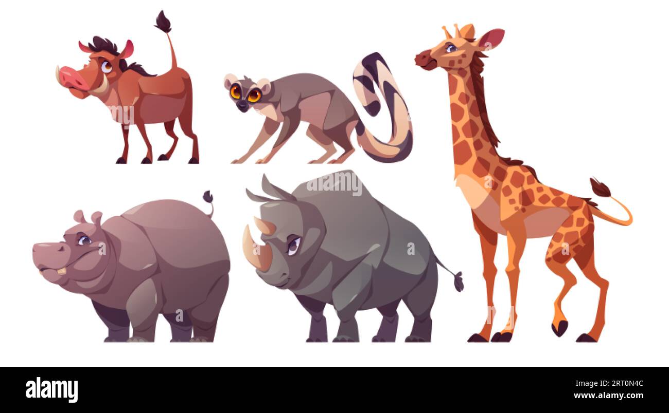 Set of African wild animals isolated on white background. Vector cartoon illustration of giraffe, hippo, rhino, lemur, warthog characters standing or Stock Vector