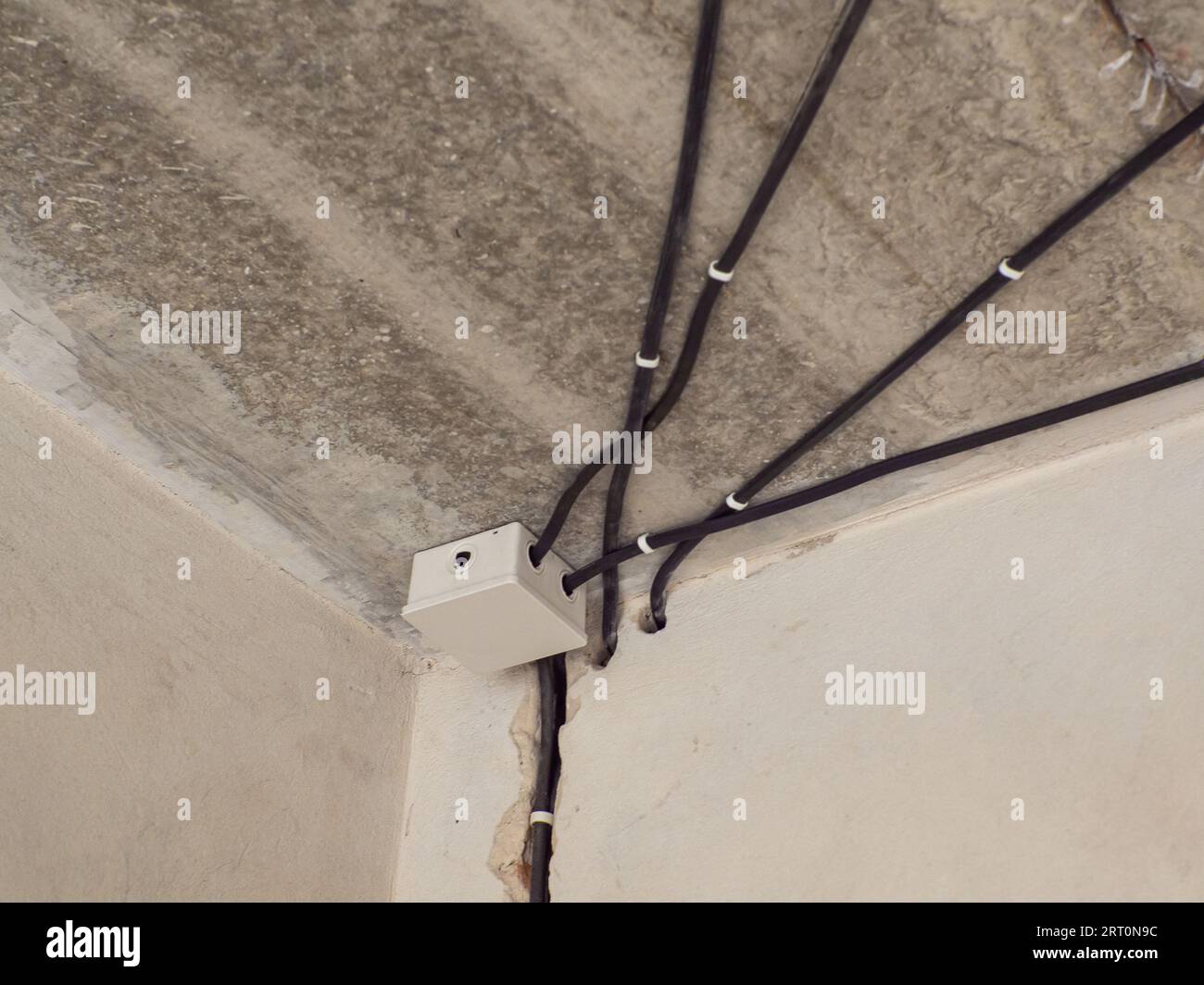 White plastic electric junction box with conduits install in house