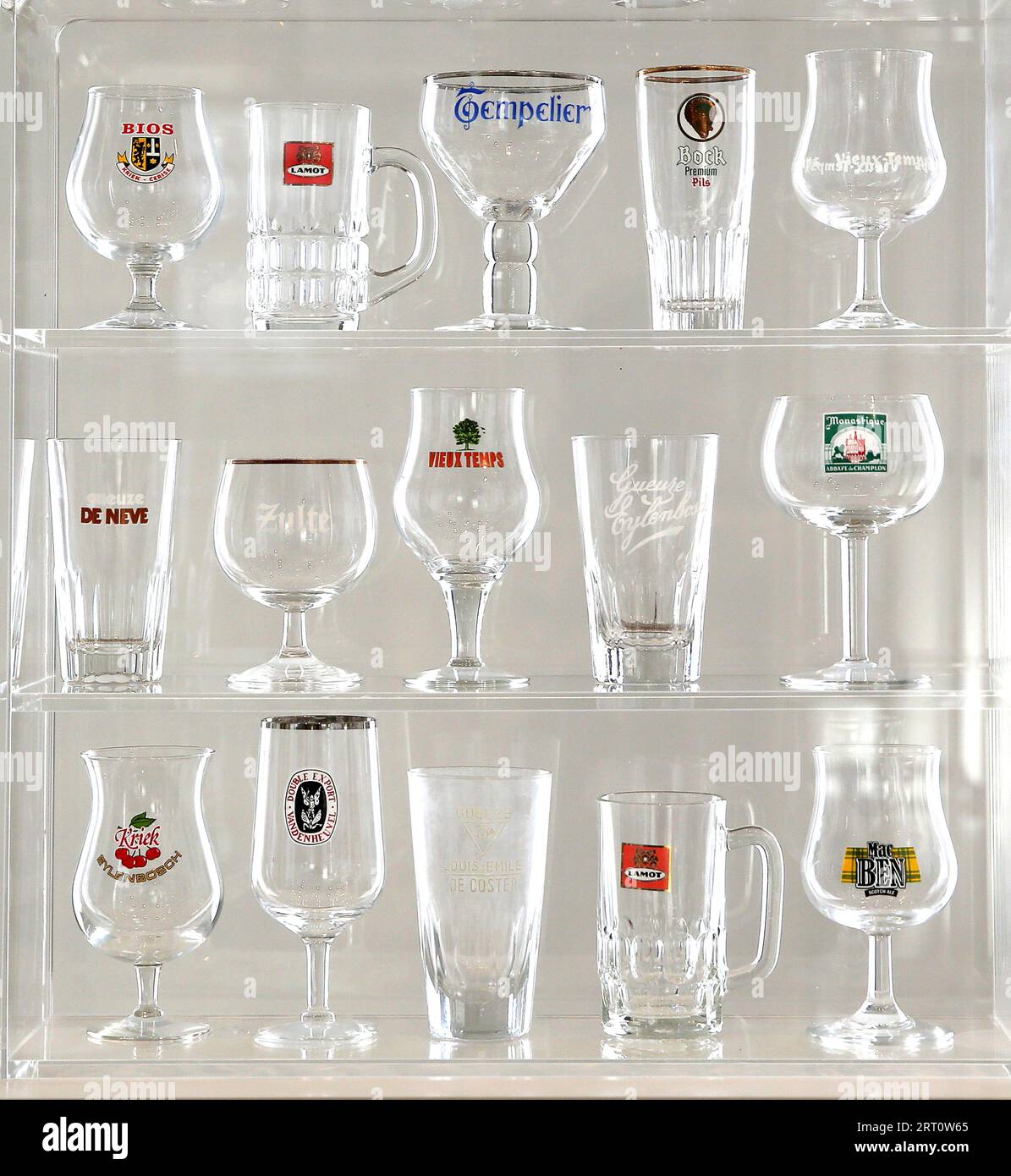 Brussels, Belgium. 9th Sep, 2023. Various beer glasses are displayed at