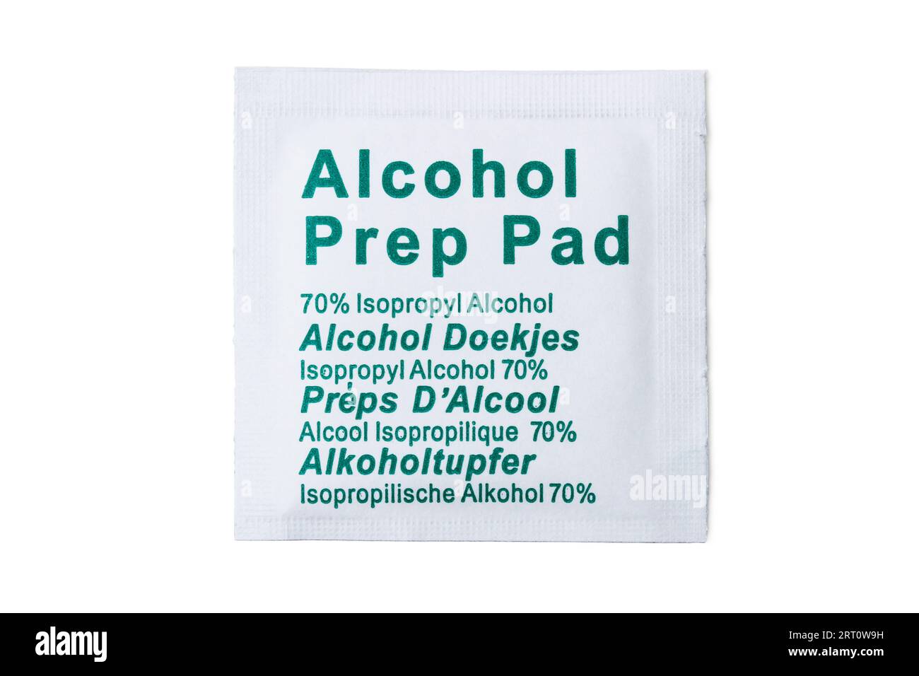 Disposable alcohol wipe for degreasing surfaces of parts to be glued in paper packaging isolated on white Stock Photo