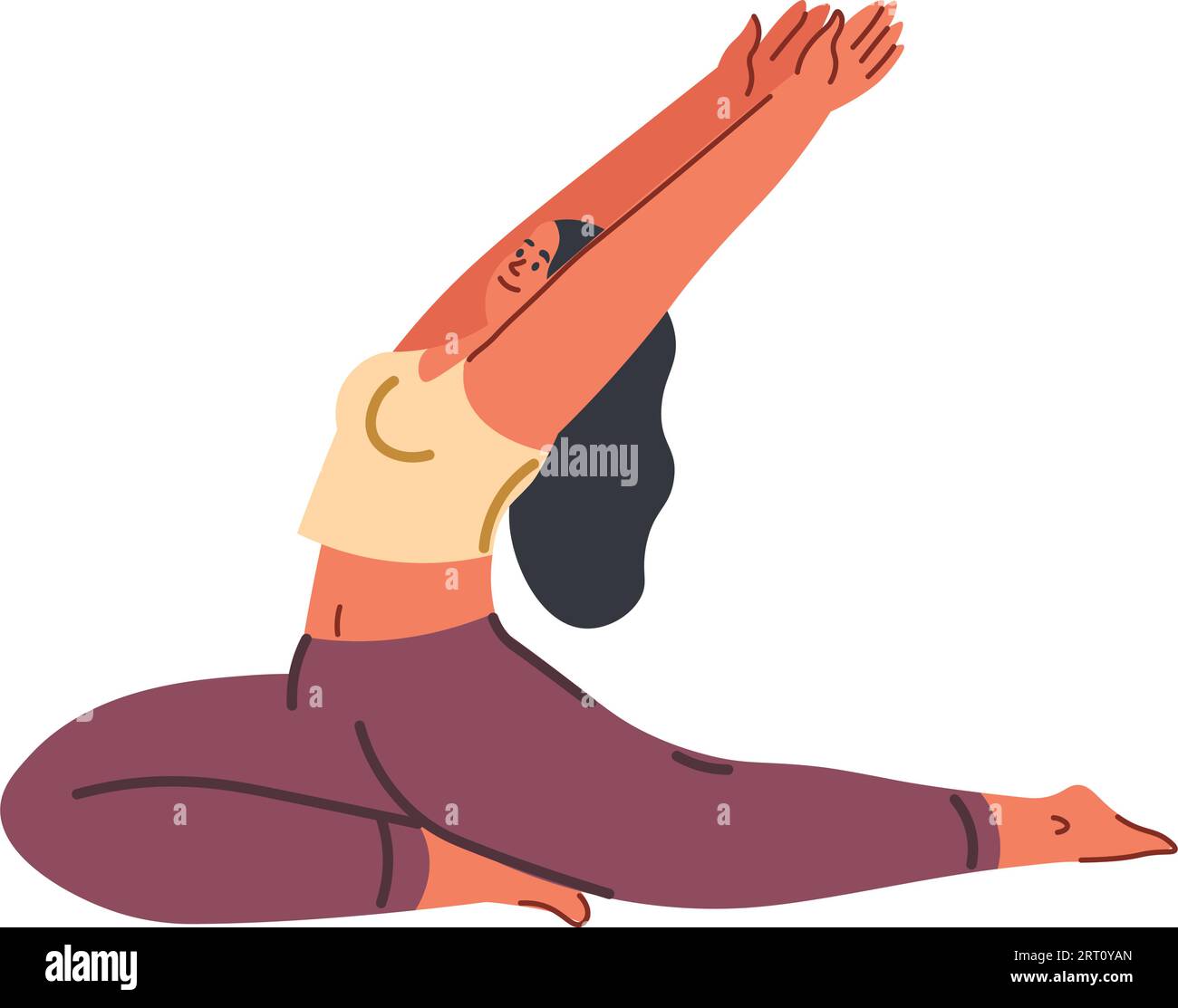 one legged pigeon pose, yoga asanas and poses. Female character doing eka pada raja kapotasana, stretching and working out. Girl in sportsuit keeping Stock Vector