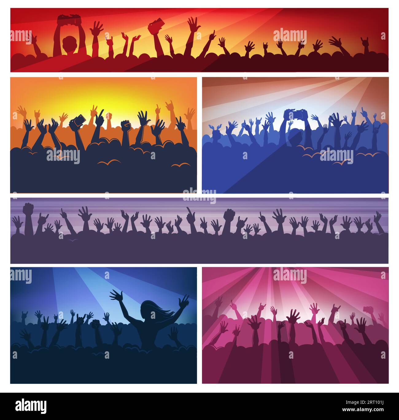 Music concert or festival performance with crowd of people listening and dancing, taking photos and videos. Performers on stage and spotlights, fans a Stock Vector