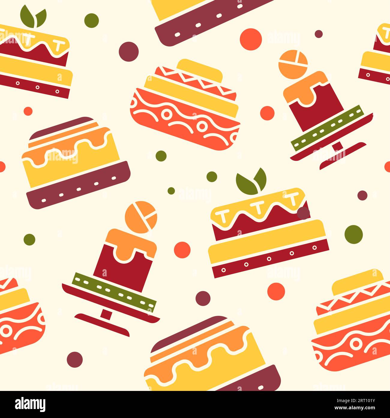Baked cake with cream and mousse, ornaments and decor. Tasty pastry and confectionery for holiday or birthday celebration. Seamless pattern, print or Stock Vector