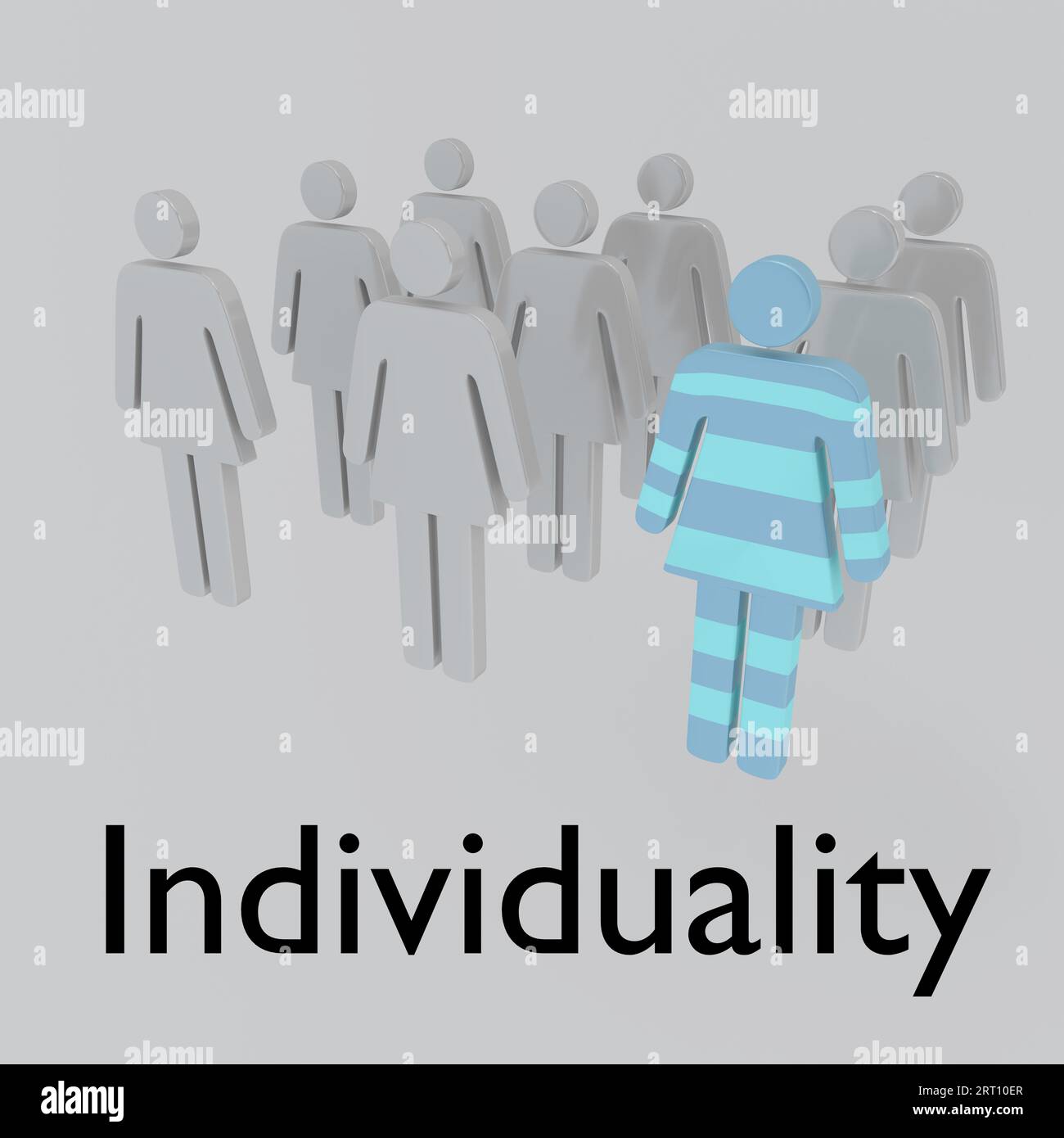 3D illustration of gray women and an individual woman in different colors, titled as Individuality. Stock Photo