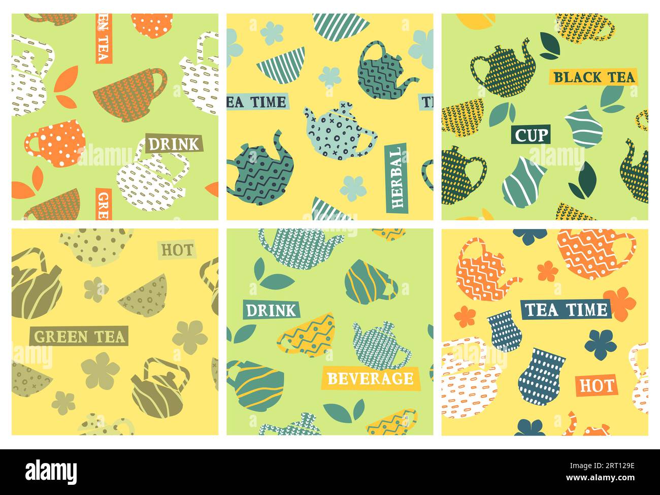 Decorative pattern set with tea cup and kettle Stock Vector