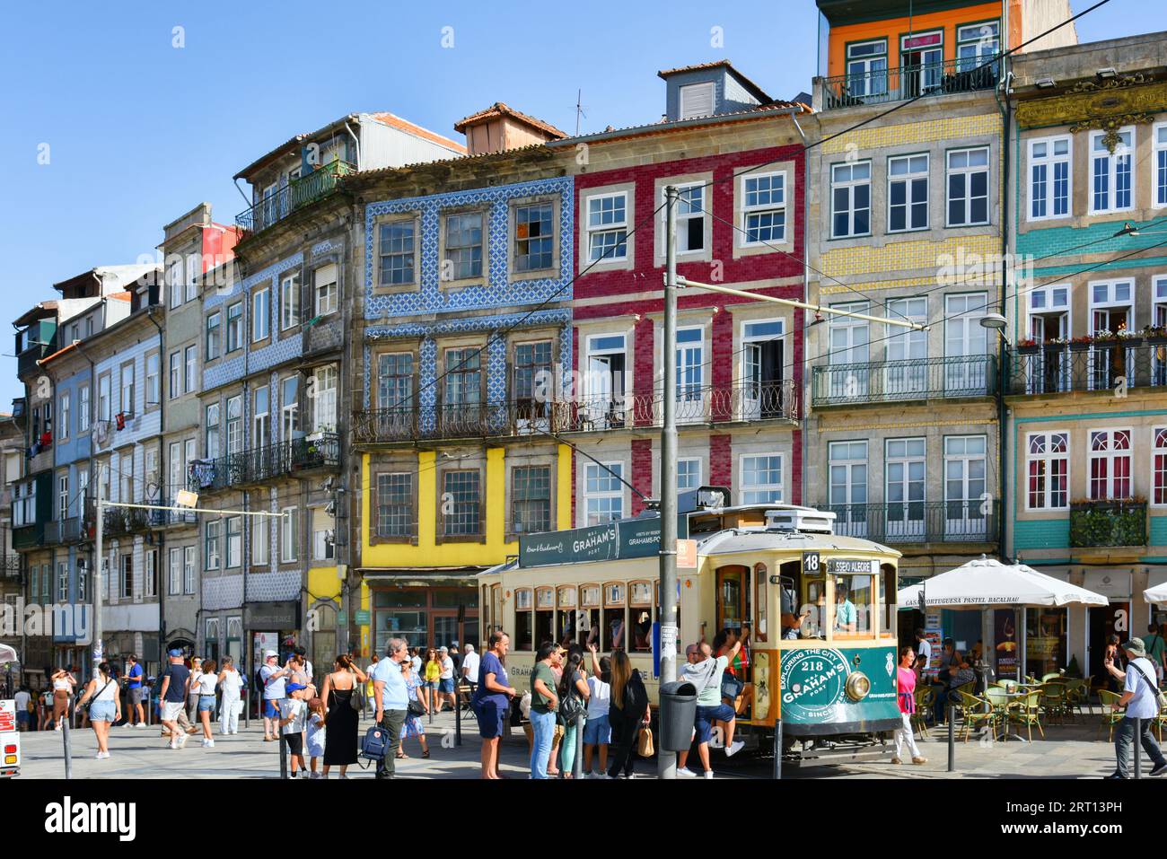 PORTO, PORTUGAL - AUGUST 24, 2023: Old tram near Clerigos Tower Stock Photo