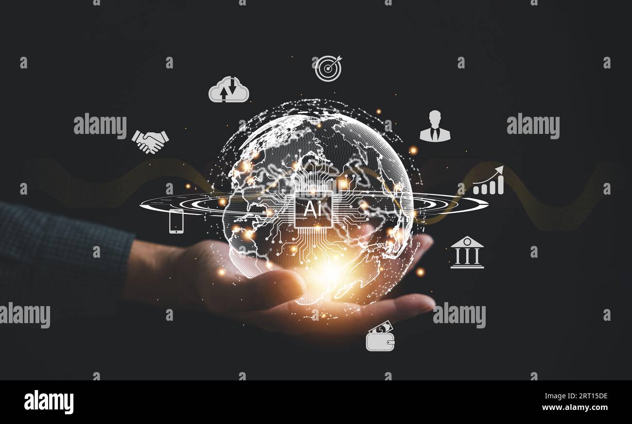 A businessman's hand holds a globe, illustrating seamless connectivity and data flow across global network Stock Photo