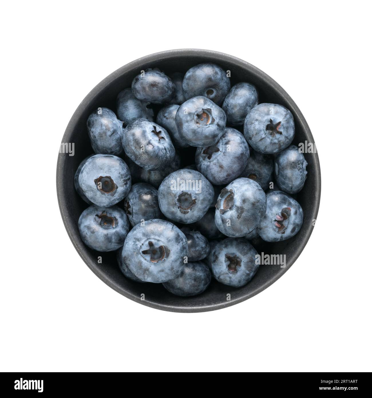 Fresh organic blueberries ina black ceramic bowl topv view isolated on white background Stock Photo