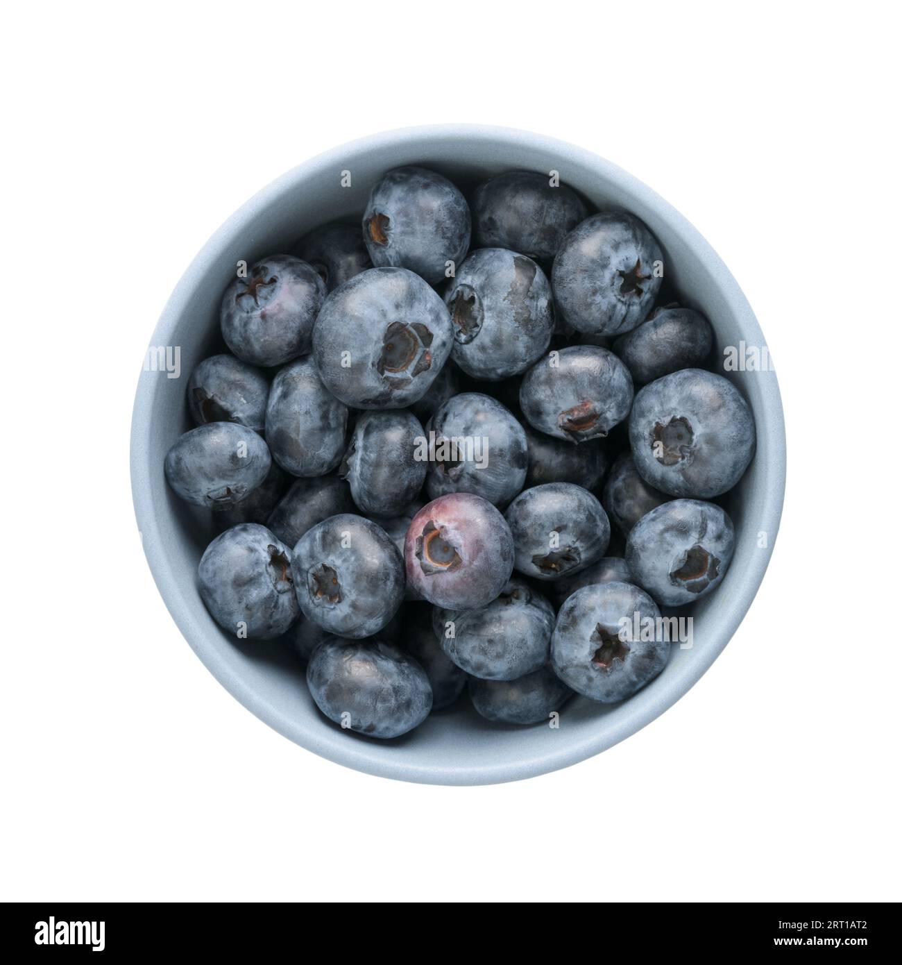 Fresh organic blueberries ina blue ceramic bowl topv view isolated on white background Stock Photo