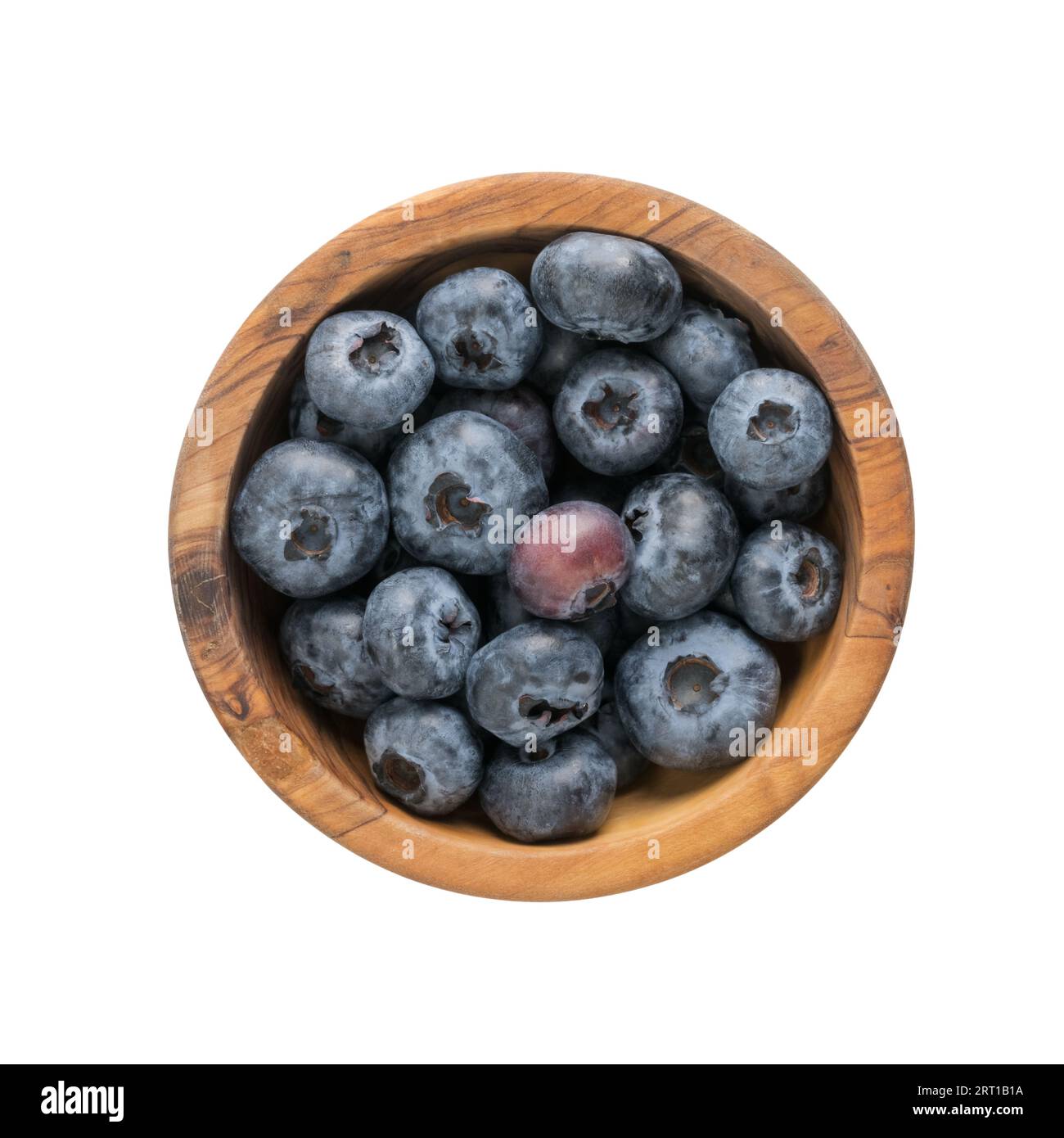 Fresh organic blueberries ina olive wood bowl topv view isolated on white background Stock Photo