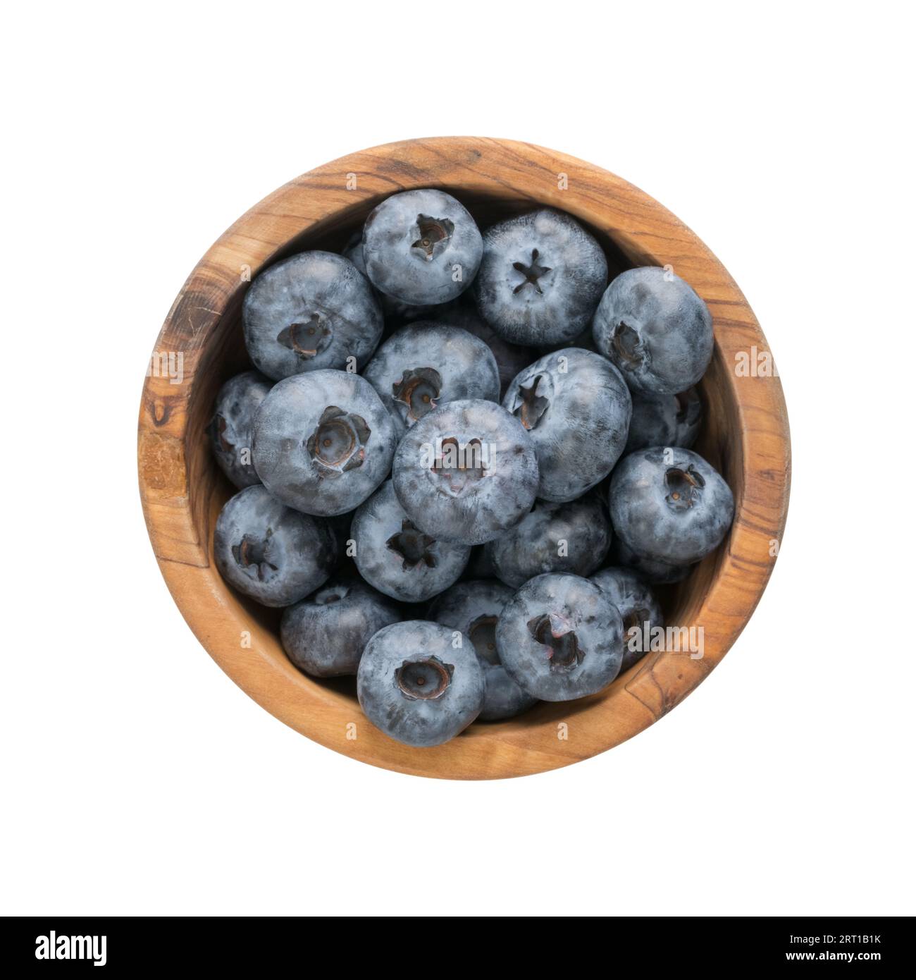 Fresh organic blueberries ina olive wood bowl topv view isolated on white background Stock Photo