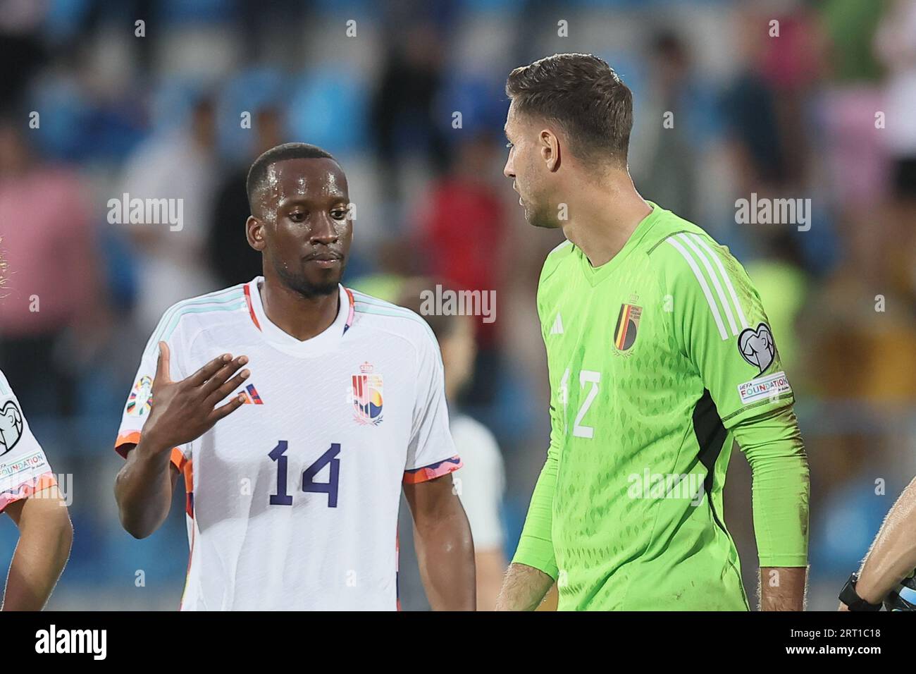Belgium's Dodi Lukebakio and Belgium's goalkeeper Koen Casteels pictured after a game between Azerbaijan and the Belgian national soccer team Red Devils, in Baku, Azerbaijan, Saturday 09 September 2023, match 4/8 in Group F of the qualifications for the European Soccer Championships 2024. BELGA PHOTO BRUNO FAHY Stock Photo
