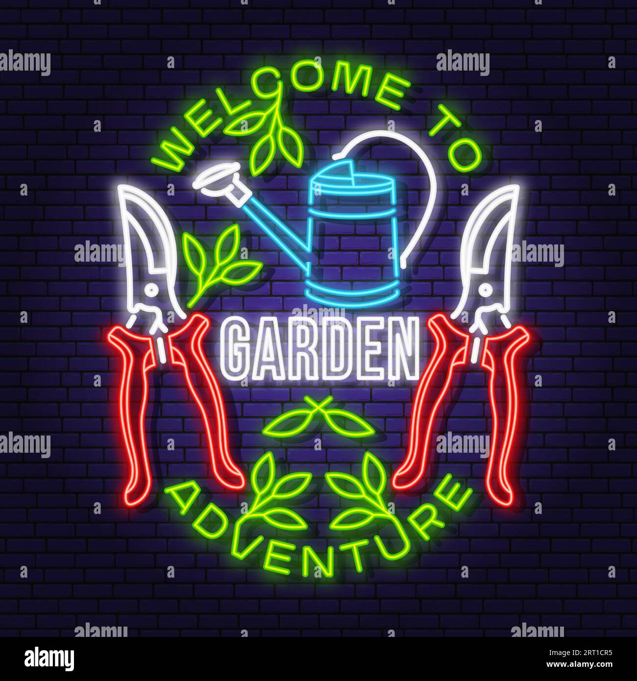 Welcome to garden adventure neon emblem, label, badge, logo. Vector illustration. Colorful neon light design with hand secateurs, garden pruner Stock Vector