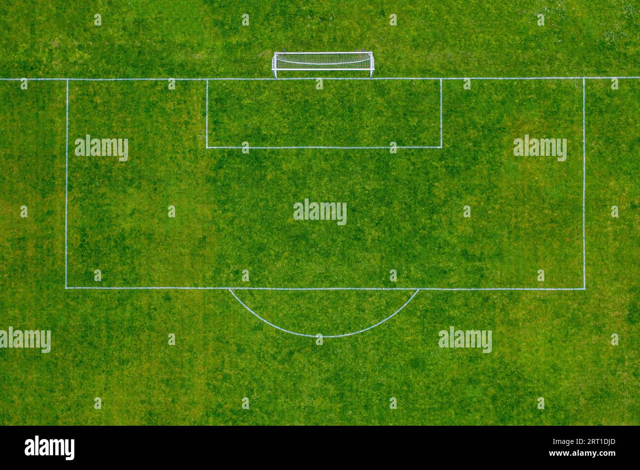 Aeriel drone view of the penalty area on a soccer field Stock Photo