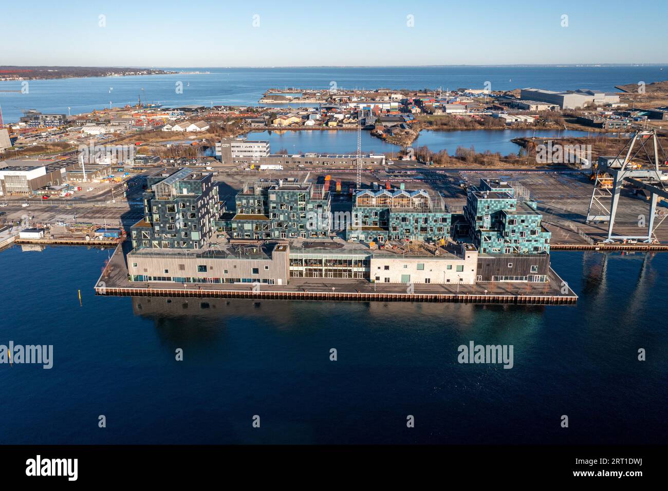 Copenhagen, Denmark, January 06, 2022: Aerial drone view of Copenhagen International School, CIS in Nordhavn district Stock Photo